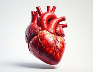 Highly detailed medical illustration of a human heart with veins and arteries isolated on pure white background