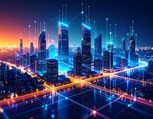 Naklejka premium Futuristic cityscape at night with interconnected digital network