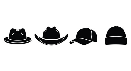 Collection of four black hats silhouette isolated on ready for design vector