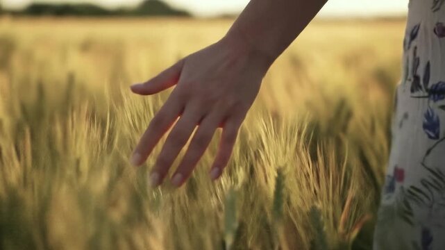 A close-up of a woman's hand in a wheat field with a bountiful harvest, a beautiful plot of a rural story