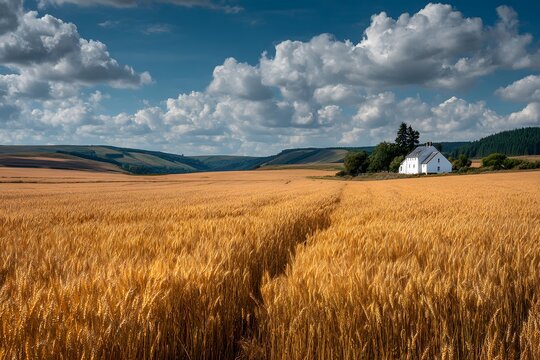 grain field spanning a bright serene valley with orderly golden wheat and a quaint farmhouse