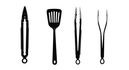 Set of four kitchen utensils featuring tongs spatula and cooking forks essential barbecue tools vector