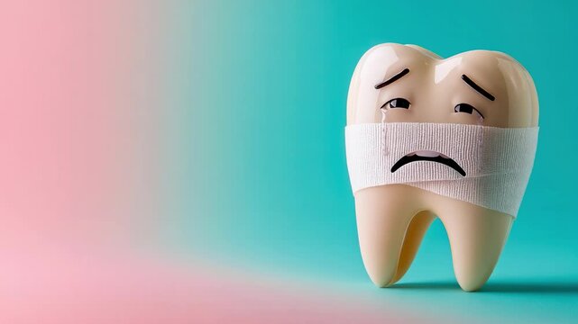 A sad tooth character wrapped in gauze with a distressed expression on a colorful background.