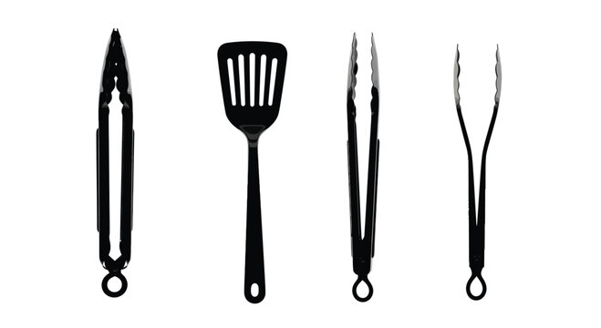Set of four kitchen utensils featuring tongs spatula and cooking forks essential barbecue tools vector
