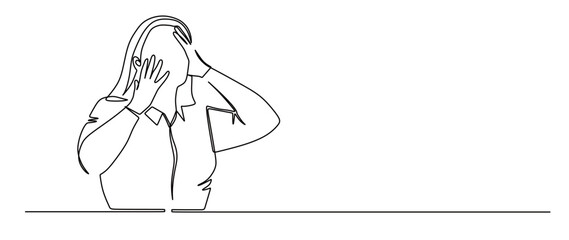 continuous line art of a woman holding her head and looking frustrated and stressed about her job