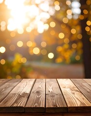 Wooden table outdoors, bokeh background