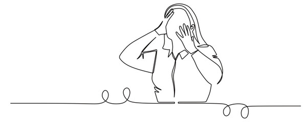 continuous line art of a woman holding her head and looking frustrated and stressed about her job