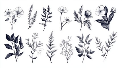 Fototapeta premium 51.Beautiful set of botanical illustrations featuring detailed flowers, leaves, and branches in hand-drawn line art and solid black silhouettes, designed for labels, logos, or wedding stationery.
