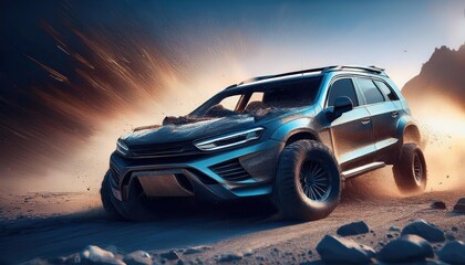 Fototapeta premium Off road vehicle crashes into wall causing severe damage in a tough terrain during daytime hours with dust and debris in the air