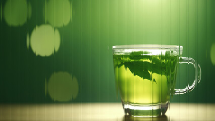 A green tea cup glass gradient vertical distortion background, giving off a dreamy and clean look with translucent, rippling effects .