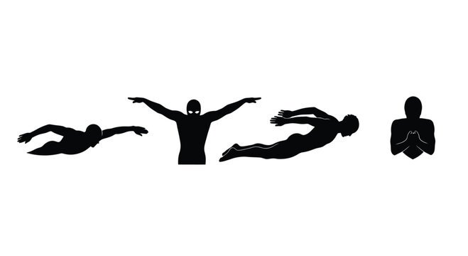 Silhouettes of swimmers in various strokes and poses for sports and fitness concepts vector
