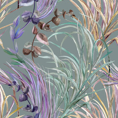 Seamless watercolor pattern with graceful leaves and stems on green background for textile. High quality photo