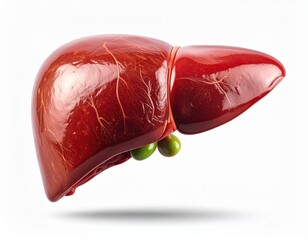Highly detailed medical illustration of the human liver showing anatomy and texture, isolated on pure white background