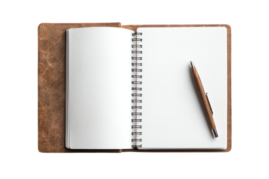An open notebook with a blank page and a pen, perfect for writing notes or journaling, isolated on a white background.