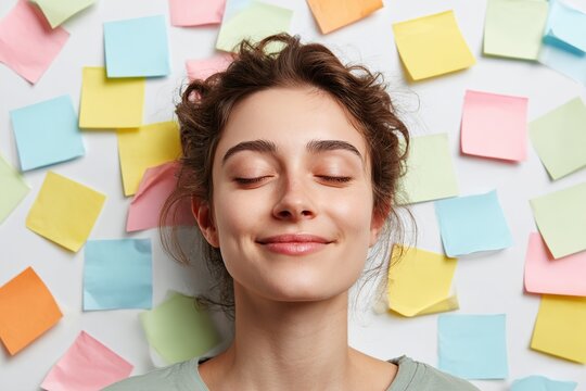 Woman enjoying tranquility surrounded by colorful sticky notes in a creative workspace