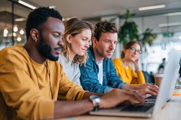 Obraz premium Startup team collaborates in casual office setting while working on laptops