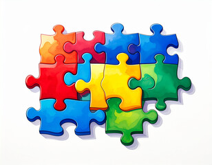 Fototapeta premium White puzzle with colored pieces.puzzle, connection, incomplete, piece, blue, design, colours, complete, confusion, diagram, find, group, horizontal, innovation, jigsaw, lost, problem, Generative Ai