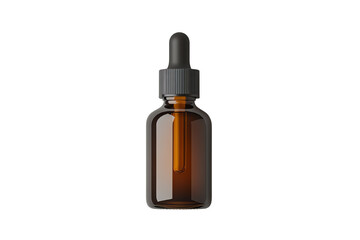 Fototapeta premium Amber glass dropper bottle with a black cap, isolated on a white background, perfect for essential oils or serums.