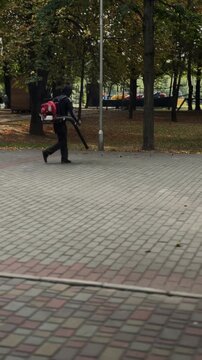 worker uses a leaf blower to clear leaves in a park