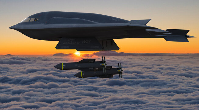 B-2 Spirit bomber carrying a heavy aerial bomb, the Massive Ordnance Penetrator