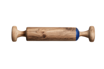 Classic wooden rolling pin with a blue handle, perfect for baking and cooking enthusiasts.