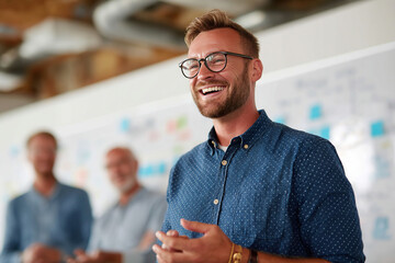 Entrepreneur delivers engaging pitch presentation in a creative office environment