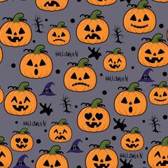 Halloween seamless pattern with pumpkins, bats, spiders and spiders.
