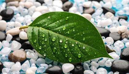 A vibrant green leaf, glistening with water droplets, rests amidst a collection of colorful stones