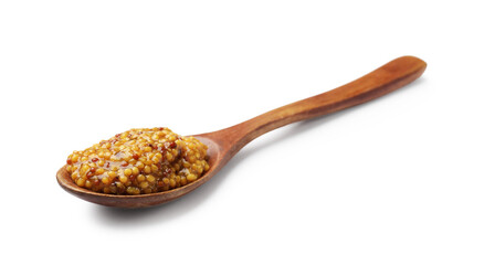 Whole grain mustard in spoon isolated on white