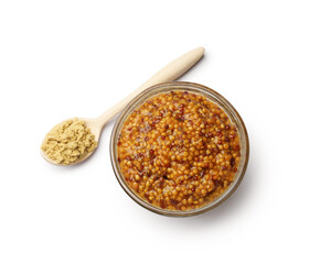 Whole grain mustard and powder isolated on white, top view