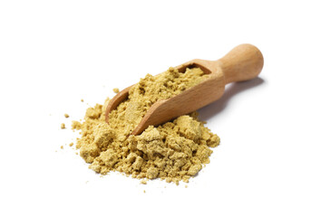 Dry powdered mustard in scoop isolated on white