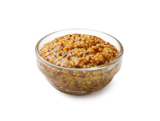 Whole grain mustard in bowl isolated on white