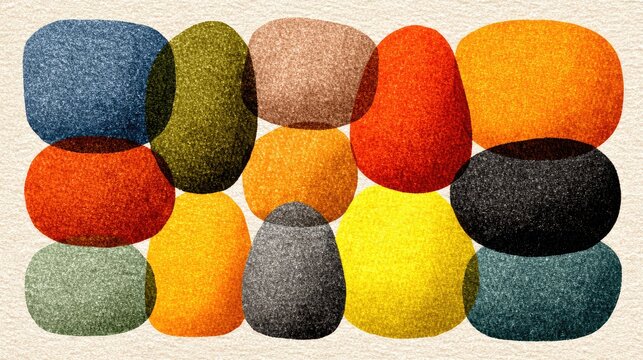 Abstract arrangement of textured, colorful, overlapping ovals