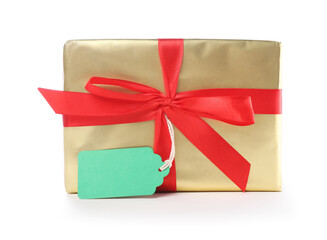 Gift box with blank tag isolated on white