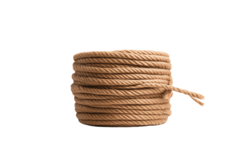 Coiled rope on a white isolated background, ideal for crafts and outdoor activities.