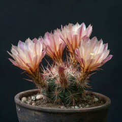 Potted cactus with multiple pink and yellow flowers set against a dark background
