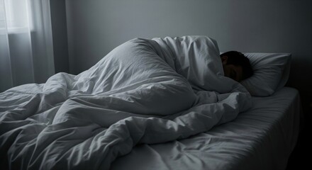 Fototapeta premium Woman sleeping peacefully in bed. Good night rest and recovery concept. Healthy lifestyle and morning tranquility. Relaxation.