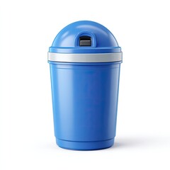 Obraz premium A small, blue plastic trash can with a dome-shaped lid and a light grey band around the top. It's shown against a white background