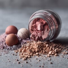 Powder and blush spill from a glass jar onto a grey surface with blush spheres nearby