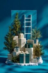 Presents  Xmas trees on a snowy base with a ladder leaning on a blue backdrop dappled by light