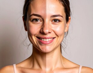 Woman's face, half tanned, half natural
