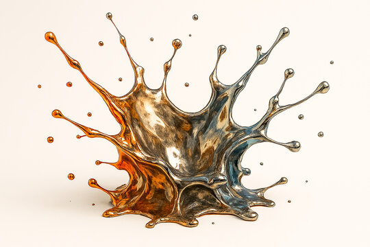 Dynamic splash of two contrasting liquids brown and metallic silver frozen in mid air creating an abstract crown shape with droplets