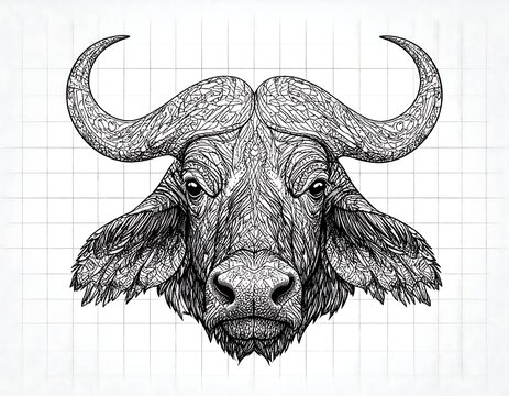 Detailed buffalo head drawing, ornate design