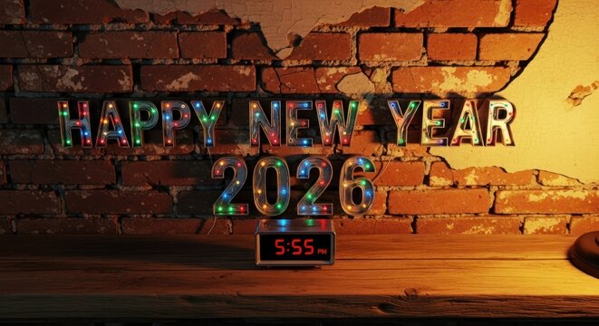 2026 New Year message on brick wall w/ clock reading 555