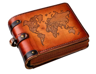 Antique Leather Travel Journal with Map Design, Isolated PNG