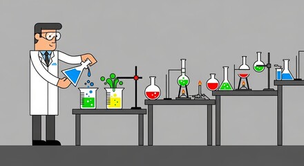 Cartoon scientist in a white lab coat conducting a chemical experiment in a laboratory with beakers and flasks.