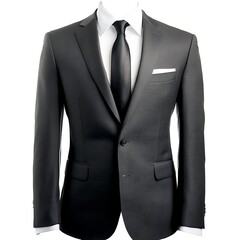 Sharp and Sophisticated: A well-tailored charcoal suit exuding elegance and refinement, presenting a classic style with a crisp white shirt, a sleek black tie, and a pristine pocket square.