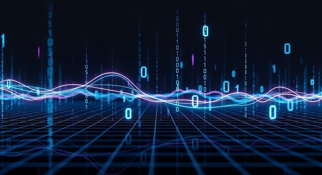 Abstract digital data stream with binary code and glowing waveforms