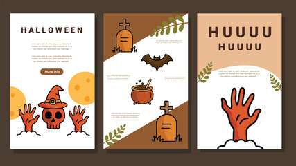 Halloween invitation with tombstones skulls cauldron and rising hand