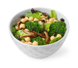 Delicious salad with shimeji mushrooms, chickpeas and broccoli in bowl isolated on white
